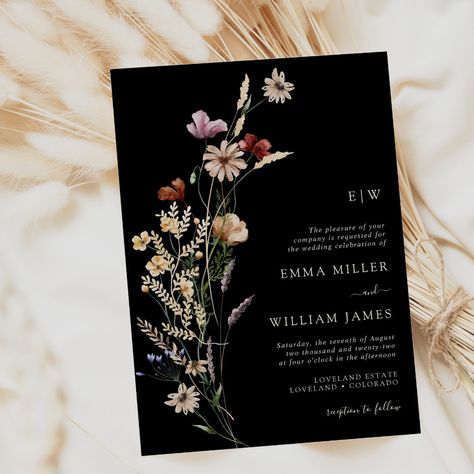 This stylish & elegant monogrammed wedding invitation features gorgeous hand-painted watercolor wildflowers arranged as a lovely bouquet perfect for spring, summer, or fall weddings. Find matching items in the Moody Black Boho Wildflower Wedding Collection. Boho Floral Wedding Invitations, Sage Purple, Wildflower Invitation, Boho Wedding Invitation Template, Wildflowers Wedding, Popular Wedding Invitations, Botanical Wreath, Boho Wildflower, Wildflower Wedding Invitations