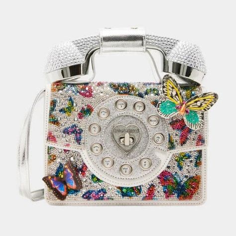 Betsey Johnson Kitsch Silver Butterfly Metallic Phone Crossbody Bag New Sealed Limited Edition Bj35170a *Item Ships Brand New In Original Packaging With Tags. We Are Licensed Sellers. We Sell To Collectors & Betsey Lovers* Betsey Has A New Update To Our Classic Phone Bag. This Version Is Complete With Rhinestone Embellishments And 3d Butterflies. The Phone Handle Detaches, So You Can Make And Receive Calls Wirelessly With Connectivity To Your Cell. Item Ships Brand New In Sealed Package With Tag Funky Purses, Classic Phones, Retro Phone, Girly Bags, Unique Purses, Wearable Tech, Betsey Johnson Bags, Phone Purse, Silver Butterfly