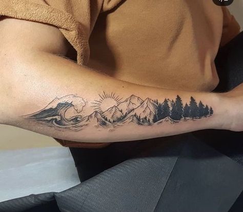 Mountain Ocean Forest Tattoo, California Sleeve Tattoo Ideas, Mountain Half Sleeve Tattoo, Mountain To Sea Tattoo, Pacific Northwest Tattoo Ideas, Mountain Leg Tattoo, Nature Tattoo Women, Mountain And River Tattoo, Mountain Sleeve Tattoo Women