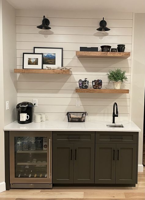 Open Shelf Wet Bar, Shiplap Wet Bar Ideas, Apartment Kitchenette Small Spaces, Kitchenette For Basement, Kitchenette With Open Shelving, Small Wet Bar With Floating Shelves, Basement Snack Bar Ideas Beverage Center, Basement Mini Kitchen Ideas, Small Kitchenette Basement