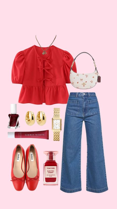 #outfitinspo #beauty #ootd #red #cherry #fitinspo #summer #spring #coach #redaesthetic Trendy Red Outfits, Smart Casual Ideas Women, Casual Birthday Guest Outfit, Spring Clothes 2024, Red And Jeans Outfits, Blue And Red Outfit Aesthetic, Ootd 2024 Summer, Red Outfit Aesthetic Summer, Puff Sleeve Shirt Outfit