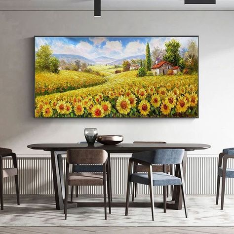 Sunflower Landscape, Floral Acrylic Painting, Rural House, Oil Painting Techniques, Art Yellow, Canvas Abstract, Sunflower Painting, Sunflower Fields, Acrylic Oil Painting