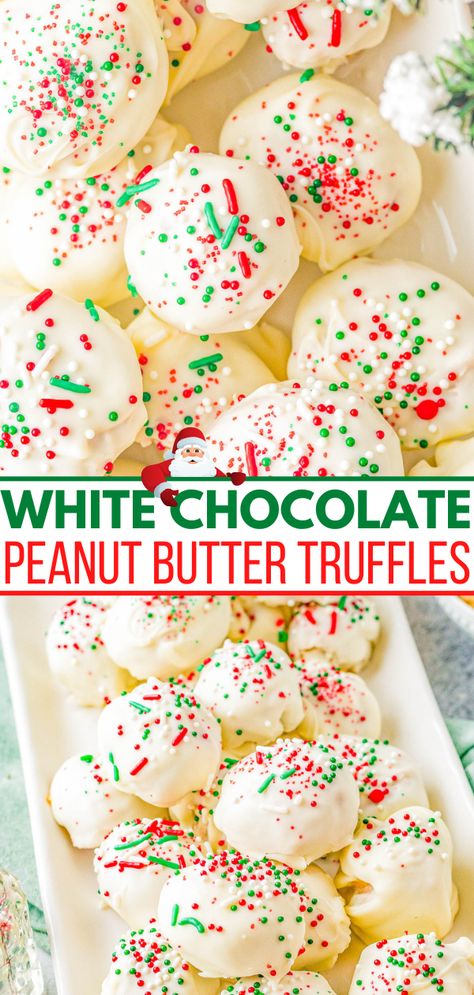 White Chocolate Peanut Butter Truffles - Averie Cooks Peanut Butter Balls White Chocolate, Homemade Hostess Gifts, White Chocolate Peanut Butter, Peanut Butter Truffles, Xmas Desserts, Averie Cooks, Truffle Butter, Dessert Gifts, Nutter Butter