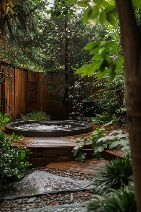 Backyard Hot Tub Ideas: Relax and Unwind - Quiet Minimal Hot Tub Inground, Backyard Soaking Tub, Small Space Hot Tub, Outdoor Spa Area Ideas Hot Tubs, Hot Tub In The Woods, Deck Patio Combo Ideas With Hot Tub, Hillside Hot Tub, Deck Ideas For Hot Tubs, Outdoor Cold Plunge Area