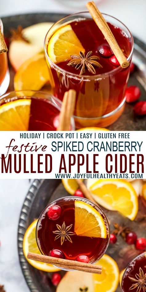 Hot Spiked Cranberry Mulled Cider makes the perfect holiday drink for a crowd. This easy cocktail is made in a crock pot with apple cider, cranberry juice, cinnamon, clove, star anise, orange slices and spiked with spiced rum. #apple #cocktailrecipes #holidayparty #crockpotrecipes #cider #crockpot Spiked Mulled Cider Recipe, Cranberry Crockpot, Hot Apple Cider Cocktail, Cider Drink Recipes, Crockpot Apple Cider, Mulled Cider Recipe, Hot Apple Cider Recipe, Apple Cider Sangria Recipe, Cider Cocktail Recipes