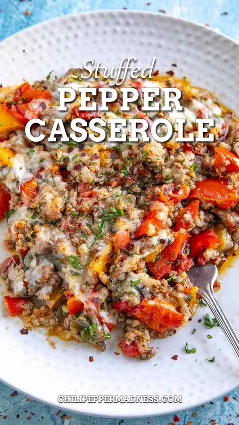 Stuffed Pepper Casserole served on a big plate Pepper Casserole, Stuffed Pepper Casserole, Bell Pepper Recipes, Stuffed Pepper, Health Dinner, Health Dinner Recipes, Easy Casserole Recipes, Peppers Recipes, Beef Recipes For Dinner