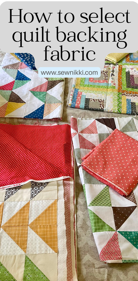 finished quilt tops with quilt backing fabric laying on bed Backing For Quilts, Quilt Backs Ideas Awesome, Quilt Backings Ideas, Learning To Quilt, Quilt Backing Fabric, How To Put A Quilt Together, How Much Fabric Do I Need For A Quilt, Quilt Back Ideas Simple, Quilt Backing Ideas