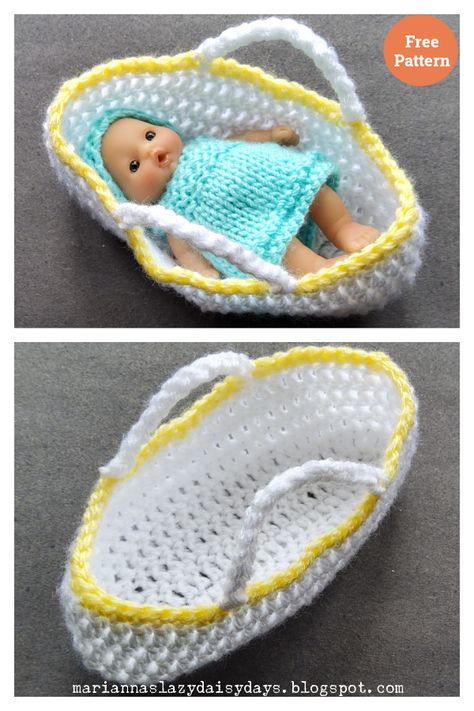 7 Baby Moses Basket Crochet Patterns Crochet Doll Basket Free Pattern, Moses Basket Crochet, Learn Crochet Beginner, Angel Baby Crochet, Monster Crochet Pattern, Monster Crochet, Shoebox Ideas, Small Baby Dolls, Crochet Doll Clothes Free Pattern