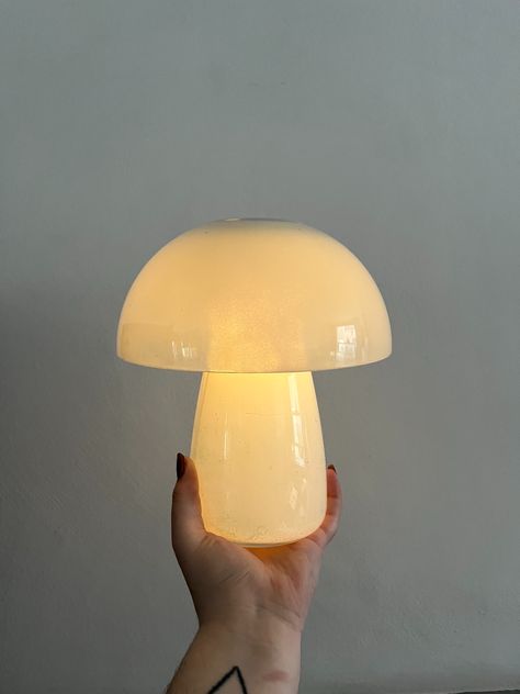 How to make a mushroom lamp using 3 super cheap IKEA staples | Livingetc Mushroom Light Ikea, Portable Mushroom Lamp, Cool Ikea Stuff, Led Mushroom Lights Diy, Small Mushroom Lamp, Muchroom Lamp, Cute Bedroom Lamp, Diy Glass Mushroom Lamp, Mushroom Lamp Bedroom