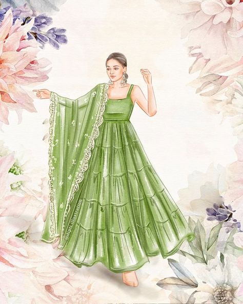 Dipti Patel Illustration (@dipti.illustration) • Instagram photos and videos Garment Illustration Fashion Sketches, Indian Wear Illustration Sketch, Anarkali Dress Illustration, Bride Fashion Illustration Weddings, Saree Illustration Sketch, Illustration Background Ideas, Illustration Dress Design, Ethnic Wear Illustration, Crockey Illustration