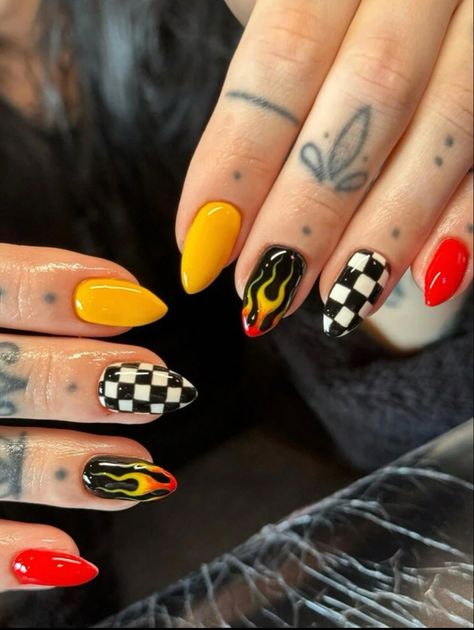 Hot Wheels Nails, Short Oval Nails, Western Nails, Punk Nails, Nail Art Set, Oval Nails, Yellow Nails, Hair Skin Nails, Funky Nails