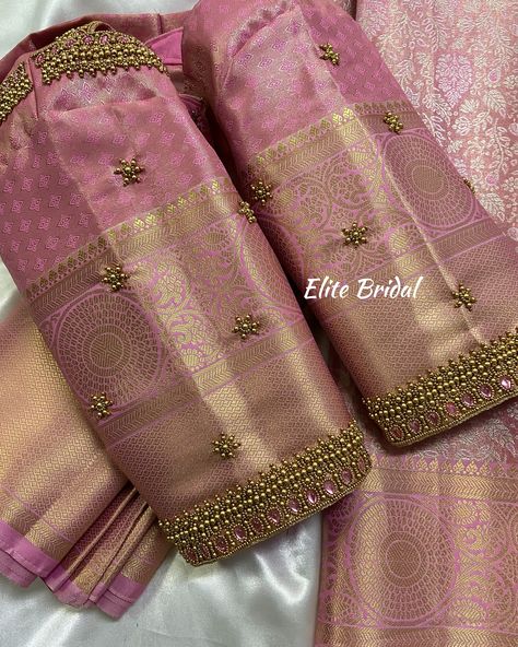 Bridal Hand Work Blouse Design Latest, Wedding Blouse Simple Designs, Wedding Saree Blouse Designs Simple, Golden Blouse Maggam Work, Golden Blouse Embroidery Designs, Blouse Designs Latest With Work, Aari Blouse Designs Latest Wedding, Simple Hand Aari Work Designs, Designer Work Blouses