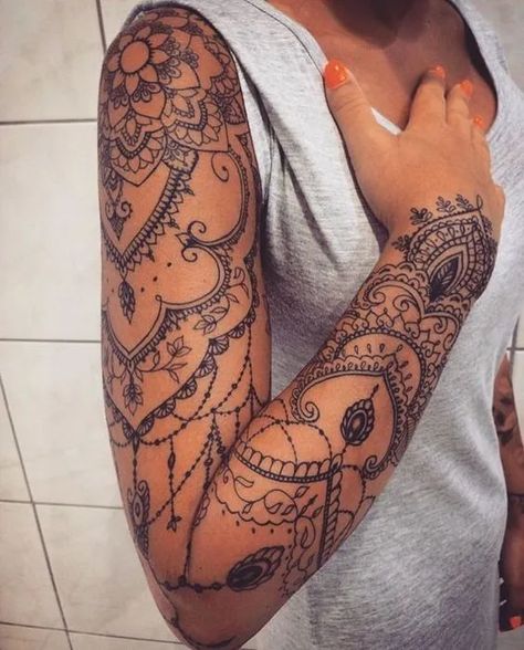 40+ Lace Tattoo Ideas to Add The Beauty of Laces To Your Life - Blurmark Lace Sleeve Tattoos, Mandala Arm Tattoos, Tato Mandala, Mandala Sleeve, Floral Mandala Tattoo, Mandala Tattoo Sleeve, Sanskrit Tattoo, Model Tattoo, Skull Sleeve Tattoos