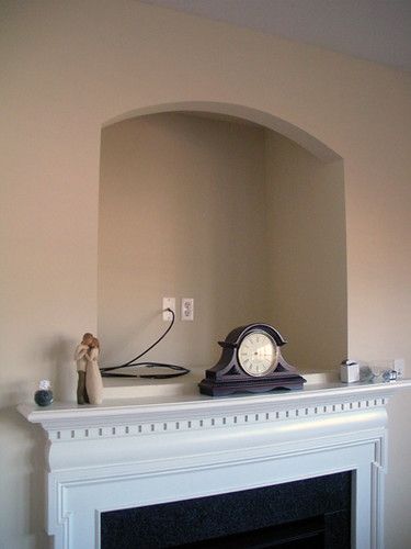 Tv Niche Makeover, Niche Makeover, Tv Nook Makeover, Tv Niche, Fireplace Paint, Mirror Fireplace, Niche Shelves, Niche Decor, Tv Nook