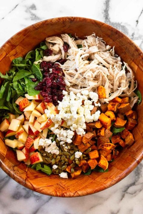 Eat The Gains Fall Harvest Salad, Fall Harvest Salad Sweet Potato, Fall Salad Bowl, Fall Salad Recipes Sweet Potato, Half Baked Harvest Fall Salad, Chicken Harvest Salad, Fall Salad Recipes With Chicken, Fall Salad With Chicken, Fall Salad With Sweet Potatoes