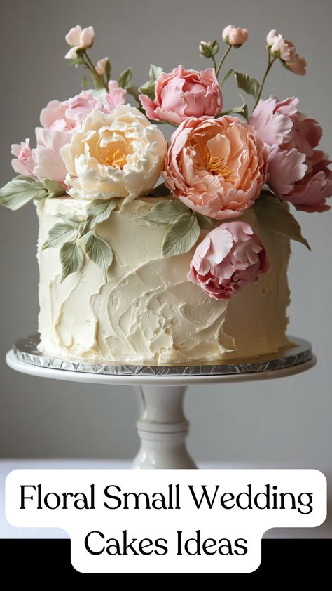 A small wedding cake decorated with pastel-colored peonies and soft buttercream, perfect for an intimate and elegant celebration. Wedding Cakes With White Flowers, 2 Tier Wedding Cake Flowers, Peony Cake Wedding, Wedding Cake For Two, Decorating Cake With Flowers, Flower Cake With Real Flowers, Modern Wedding Cake Flowers, Wedding Cake Ideas One Tier, Wedding Cakes With Peonies