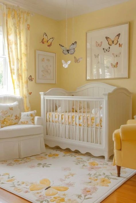 Yellow Nursery White Yellow Living Room, Light Bright Nursery, Yellow Walls Room Decor, Nursery Ideas Girl Colorful, Baby Rooms Colorful, Shared Bedroom Nursery Ideas, Nursery White Furniture, Babies Rooms, Soft Yellow Nursery