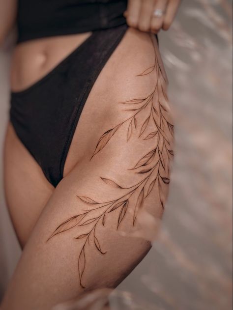 tattoo tattooideas tattoosforwomen leaves flowertattoo Leg Band Tattoo, Tattoo Leaves, Leg Band Tattoos, Upper Leg Tattoos, Side Hip Tattoos, Upper Thigh Tattoos, Side Tattoos Women, Lower Leg Tattoos, Around Arm Tattoo