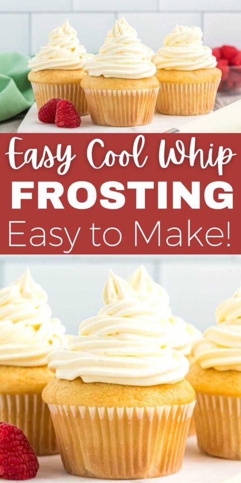 Vanilla Pudding Icing Frosting Recipes, Cool Whip Cream Cheese Frosting Easy, Whip Cream Frosting For Cupcakes, Coolwhip Frosting Recipes, Cool Whip Cakes, Not So Sweet Whipped Frosting, Whipped Cream Frosting With Cool Whip, Dream Whip Icing, Whipped Cupcake Icing