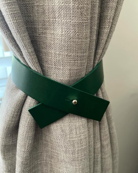 Emerald Green leather curtain tie backs 💚 #curtaindesign #curtains #curtaintiebacks #leatherties #homedecor #homeaccessories #etsy Leather Curtain Tie Backs, Curtain Ties, Curtain Tie Backs, Cross Design, Peacock Blue, Cross Designs, Green Leather, Tie Backs, Handmade Leather