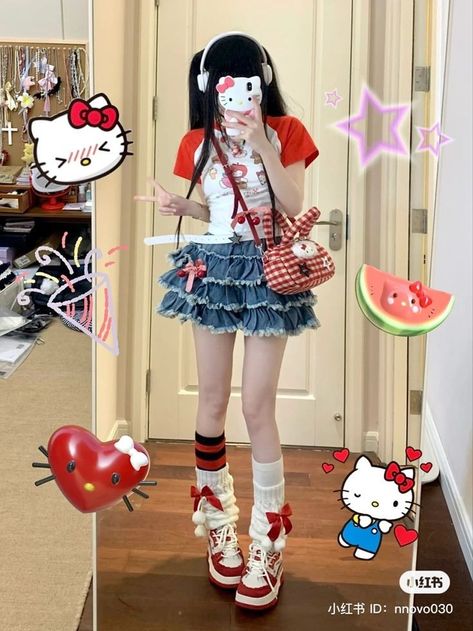 Hello Kitty Inspo Outfit, Kawaii Halloween Outfit, Decora Aesthetic Outfits, Hello Kitty Y2k Outfit, Sanrio Outfit Ideas, Hello Kitty Aesthetic Outfit, Hello Kitty Inspired Outfits, Hello Kitty Outfit Ideas, Cute Outfits Kawaii