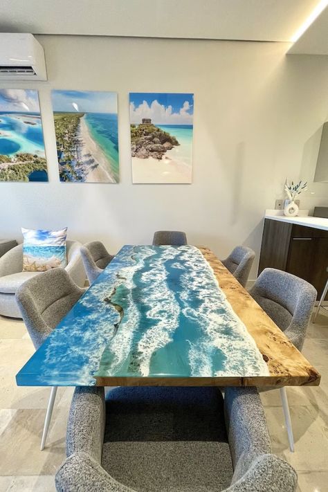 Оcean epoxy resin tables will fancy those who constantly miss the fresh ocean breeze when forever stuck behind the desk! Liven up those endless homeworking hours with this lovely epoxy table beautifully adorned with beach imagery. Being a perfect combination of natural wood and turquoise epoxy resin, these living room tables will always remind of celestial blue and white foamy waves crashing the golden shore every time you take a sip of coffee or have a home lunch break! Resin Table Top, Epoxy Table Top, Epoxy Resin Table, Zebra Wood, Resin Table, Custom Table, Table Legs, Coastal Style, Custom Wood