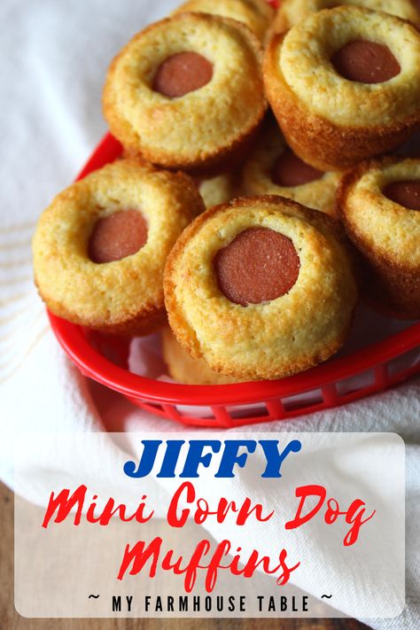 JIFFY Mini Corn Dog Muffins - My Farmhouse Table Jiffy Cornbread Recipes With Hotdogs, Essen, Jiffy Corn Muffin Mix Hot Dogs, Cornbread And Hotdogs Mini Muffins, Cornbread Hot Dogs Mini Muffins, Corn Dog Muffins Easy, Jiffy Cornbread Hot Dogs, Mini Corn Dogs Muffins, Hot Dog Nuggets