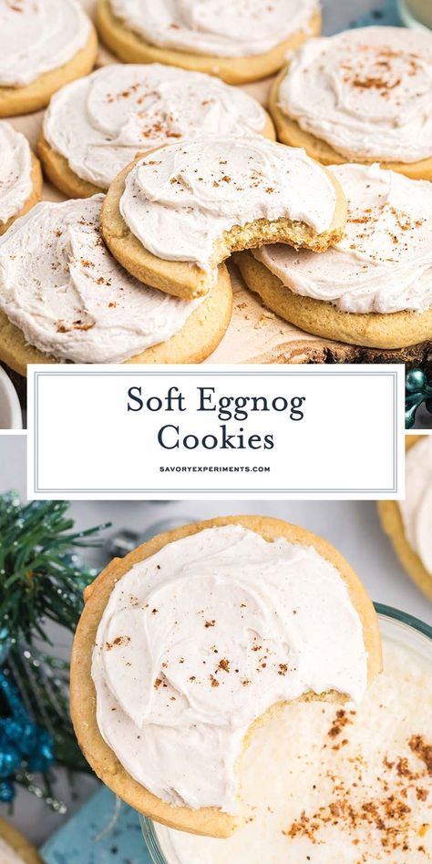 Eggnog Cookies are soft, chewy and and full of holidays flavors. They have eggnog mixed into the cookies and frosting!  #christmascookies #holidaycookies #eggnogcookies www.savoryexperiments.com Egg Nog Macarons, Christmas Cookies Eggnog, Eggnog Gingerbread Cookies, Eggnog Cookies Easy, Egg Nog Baking Recipes, Eggnog Sugar Cookies, Fall Cake Mix Cookies, Eggnog Cookies Recipe, Eggnog Recipes Baking