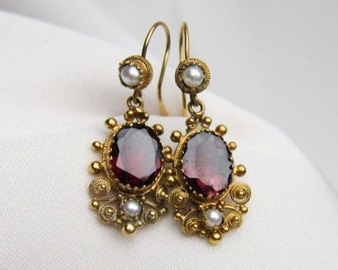 “Garnet & Pearl Earrings | Circa 1860 Isadora's Antiques” Gold Earing, Fantasy Ball, Queens Jewels, The Bling Ring, Antique Silver Jewelry, Garnet Jewelry, Ancient Jewelry, Fancy Jewellery, Garnet Earrings