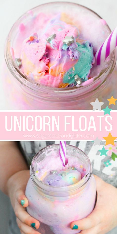 Unicorn Drinks For Kids, Unicorn Ice Cream Party, Unicorn Drink, Milk Drinks, Sleepover Snacks, Mystical Beings, Ice Cream Float, Ice Cream Kids, Unicorn Float