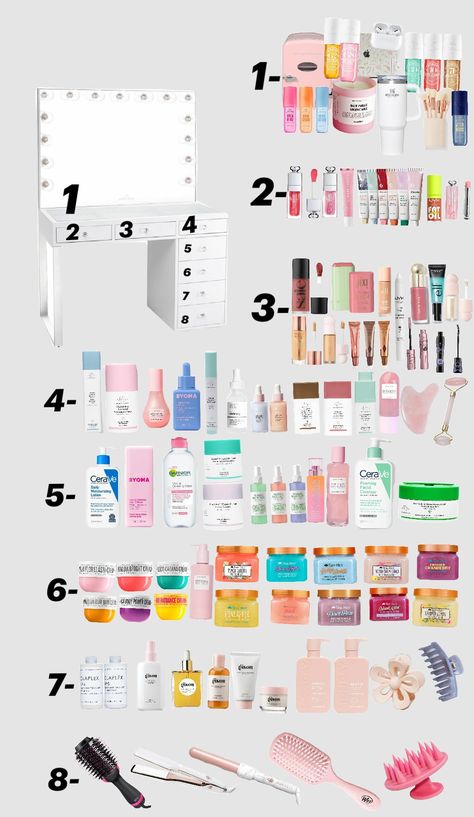 This took so long!!!! Dream vanity!💖🌊🤍 My Dream Vanity, Vanity Essentials List, What To Put In Your Vanity, Skin Care Vanity, Vanity Products, Girly Products, Vanity Essentials, Dream Vanity, Makeup Beauty Room