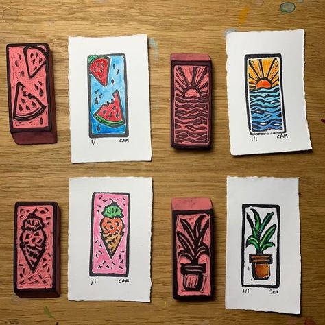 I love the way @worksbycherylann painted in her pink eraser carvings! If you use archival ink and allow it to fill dry it does become… | Instagram Small Printmaking Ideas, Rubber Eraser Stamps, Carved Eraser Stamps, Pink Eraser Art, Eraser Stamps Diy, Making Stamps Diy, Relief Printmaking Ideas, Eraser Carving Handmade Stamps, Stamp Carving Ideas Simple