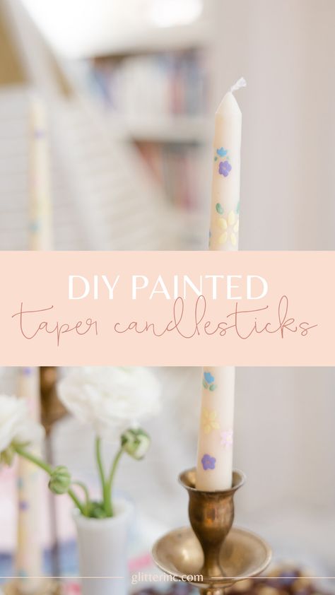 How To Hand Paint Taper Candles, Decorate Taper Candles, Painting Candlesticks Diy, Candle Painting With Wax Diy, Hand Painting Candles, Painting Candles With Acrylic Paint, How To Paint Taper Candles, Painting Tapered Candles, How To Paint Candlesticks