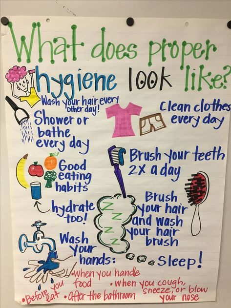 Proper Hygiene Anchor Chart #properhygiene #4thgrade #hygieneforkids Hygiene Lessons, Nurse Bulletin Board, Kids Hygiene, Hygiene Activities, Health Lesson Plans, School Nurse Office, Proper Hygiene, Health Class, School Health