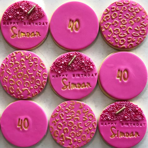 Hot pink fondant, gold, sugar cookies, deluxe sprinkles, leopard print, 40th birthday, happy birthday Pink Fondant Cookies, Hot Pink Cookies, Fondant Sugar Cookies, Edible Gold Glitter, Hot Pink Birthday, Hot Pink Leopard Print, Pink Cookies, Hot Pink Leopard, Fondant Cookies