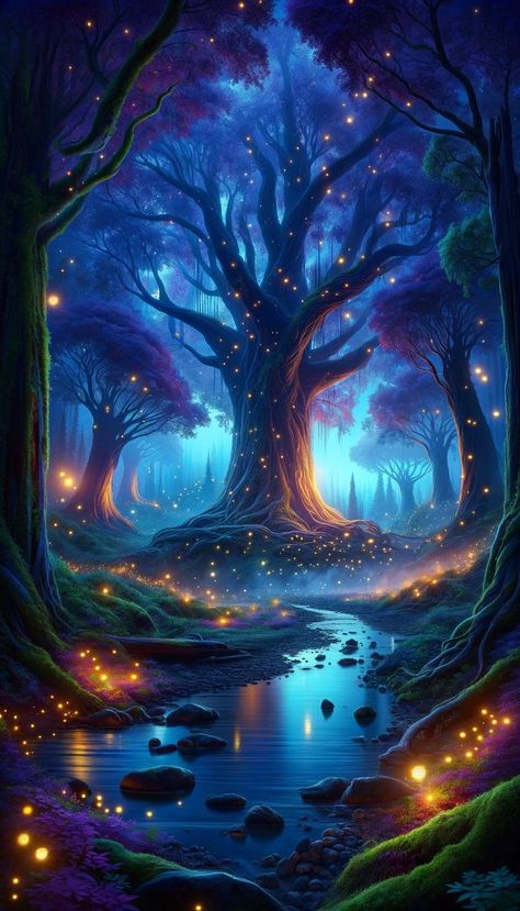 A lock screen wallpaper that captures the ethereal beauty of an enchanted forest at dusk. Towering trees with intertwined branches are aglow with a bioluminescent light, while fireflies create a constellation of stars near the forest floor. The gentle stream reflects the otherworldly glow, enhancing the dreamlike quality of this mystical woodland scene. Morning Makeup Routine, Morning Makeup, Abstract Art Images, Dreamy Artwork, Witchy Wallpaper, Forest Illustration, Mystical Forest, Forest Painting, Ancient Tree