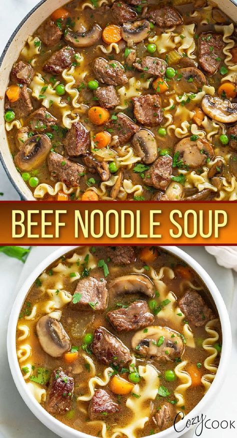 Beef Noodle Soup with chunks of beef, mushrooms, noodles, and vegetables Beef Vegetable Noodle Soup, Beef Broth Soup, Cozy Cook, Winter Foods, Cozy Soup, Beef Soup Recipes, Beef Noodle Soup, Homemade Soup Recipe, Hearty Soup