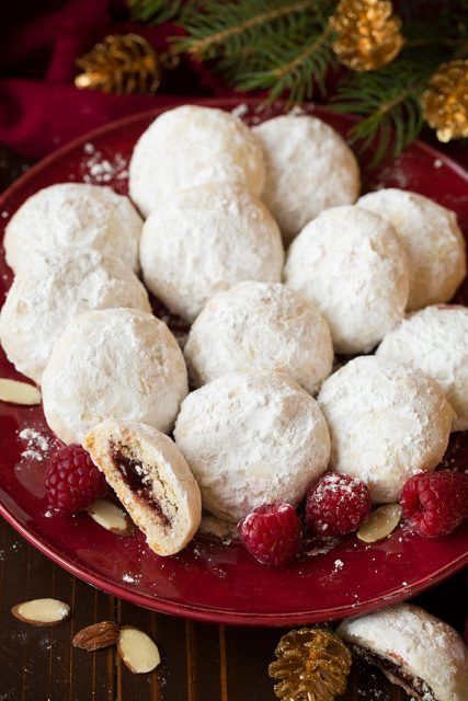 Raspberry+Almond+Snowball+Cookies+(jam+stuffed+snowballs) Almond Snowball Cookies, Raspberry Cookie Recipes, Snowball Cookies Recipe, Raspberry Thumbprint Cookies, Snowball Cookie Recipe, Thumbprint Cookies Recipe, Raspberry Almond, Jam Cookies, Snowball Cookies