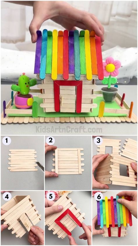 Mini House Popsicle Stick Craft Tutorial For Kids - Kids Art & Craft Things You Can Make Out Of Popsicle Sticks, Cool Popsicle Stick Crafts, Popsicle House Easy, Popsicle Stick Castle, Popsicle Stick Crafts House Easy, House Made Of Popsicle Sticks, Craft Stick House, Popsicle Stick Building, Enchanted Forest House