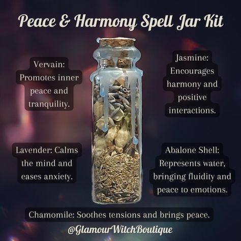 Create tranquility wherever you go with our Peace & Harmony Spell Jar Kit. 🕊️✨ Crafted with intention and filled with potent ingredients to foster inner peace and balance. Ideal for meditation spaces or to gift a loved one seeking serenity. Embrace harmony today! 🌿💫 #PeaceAndHarmony #SpellJarKit #InnerBalance #GlamourWitchBoutique Spell For Harmony, Peace Spell Jar Recipe, Peace Of Mind Spell, Peace Jar Spell, Spells For Peace, Calm Spell Jar, Peace Of Mind Spell Jar, Harmony Spell Jar, Balance And Harmony Spell Jar