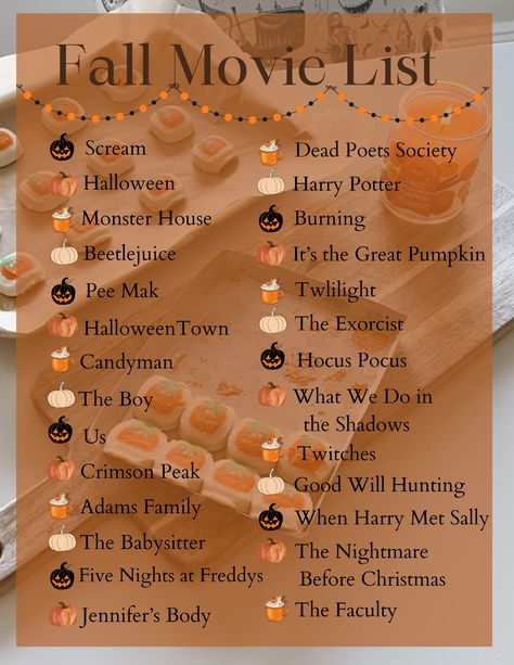 recent fall movie list that I plan on watching this fall and so should you<3 a mix of scary, romantic, funny, and family friendly movies with a few foreign films in there that have the best fall vibes. not all are Halloween related but some are :) Fall And Halloween Movies, Fall Themed Movie Night, Funny Halloween Movies, Fall Movie Snacks, Best Family Movies Of All Time, Fall Night Ideas, Halloween Films List, Fall Family Movie Night, Fall Watch List