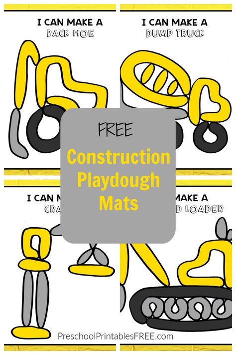 Free printable construction playdough mats for preschoolers. Strengthen hand muscles and fine motor skills as you make construction vehicles. Construction Fine Motor Activities, Construction Movement Cards, Community Helper Playdough Mats, Construction Dramatic Play Preschool, Tools And Machines Preschool Activities, Free Playdough Mats Printables, Community Helpers Fine Motor, Construction Crafts Preschool, Construction Preschool Activities