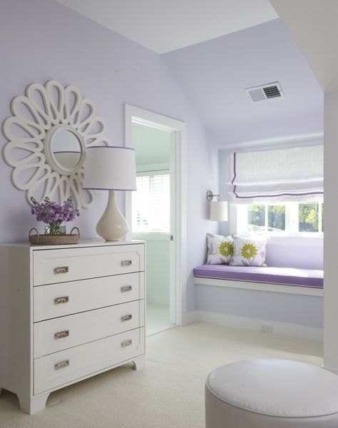 Inside A Preppy House with a Flair for Fun.   The Hardware on the chest could be used in the kitchen Lilac Girls Bedroom, Lilac Room, Lilac Bedroom, Lavender Bedroom, Built In Window Seat, Girl Bedrooms, Purple Bedroom, Purple Walls