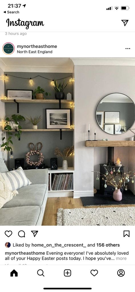 Sage Green Alcoves, Small Lounge Panelling Ideas, Fireplace Ideas With Paneling, Natural Front Room Decor, New Build Lounge Ideas Uk, Frontroom Decor Ideas, Alcove Ideas Living Room Modern, Open Plan Living Room Colour Schemes, Living Room Decor With Log Burner