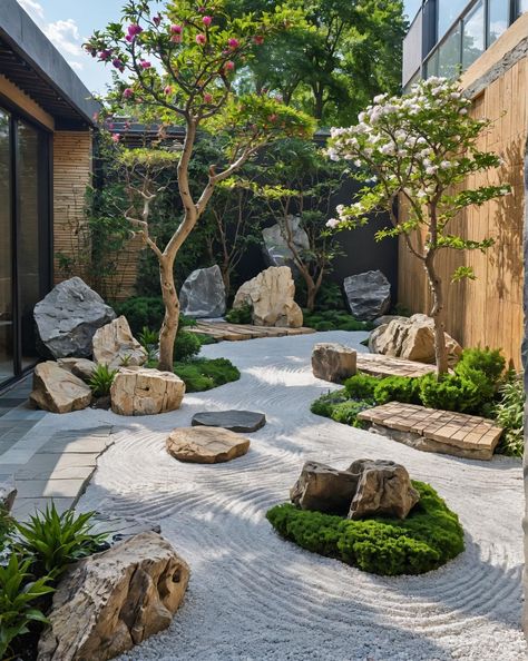 Small Asian Garden Ideas, Trees For Japanese Garden, Japanese Inspired Landscaping, Front Yard Japanese Garden, Zen Front Yard Landscaping, Tropical Zen Garden, Rectangular Garden Design, Karesansui Garden, Modern Chinese Garden