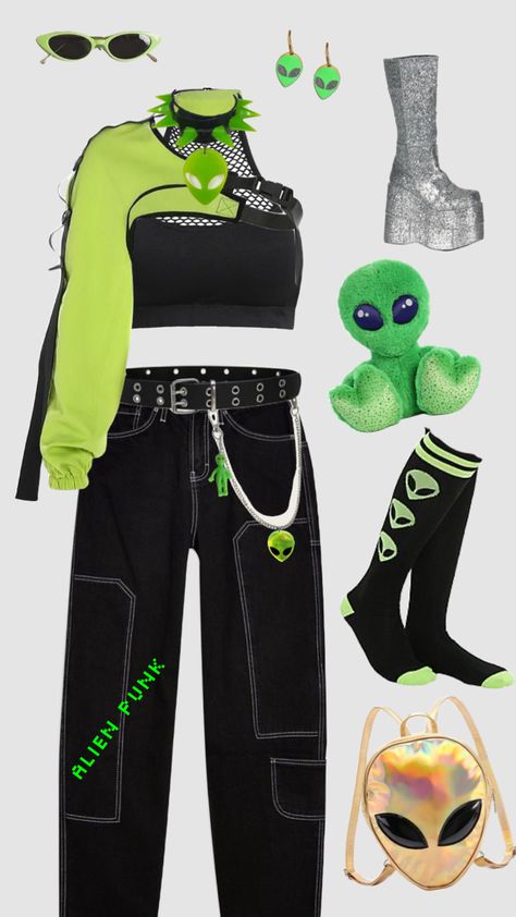 Alien Punk #aesthetic #greenaesthetic #pinterest #alien #aliens #alienaesthetic #punk #punkaesthetic #alienpunk #outfit #outfitinspo Robot Aesthetic Outfit, Electric Outfit Aesthetic, Alien Inspo Outfit, Rave Punk Outfits, Aliencore Fashion, Alien Core Aesthetic Outfits, Raver Outfits Ideas, Futurecore Outfits, Robotcore Outfits