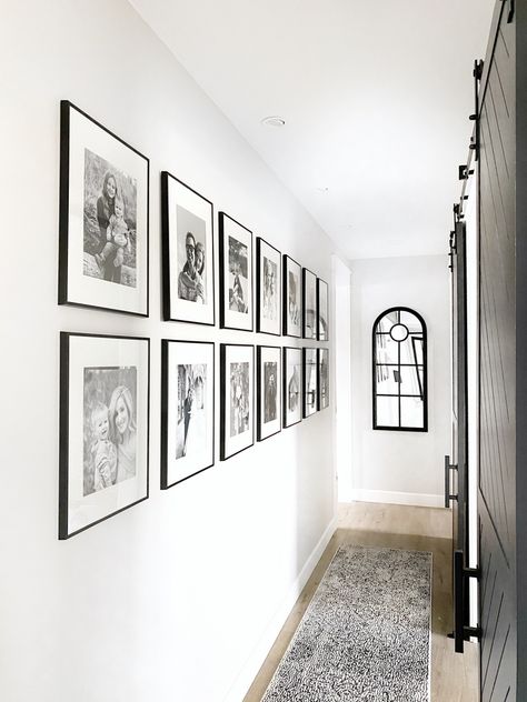 black and white family pics of wood accent wall Passage Decor, White Hallway, Family Gallery Wall, Family Photo Wall, Black And White Photo Wall, Photo Wall Decor, Photo Wall Gallery, Gallery Wall Living Room, The Passage