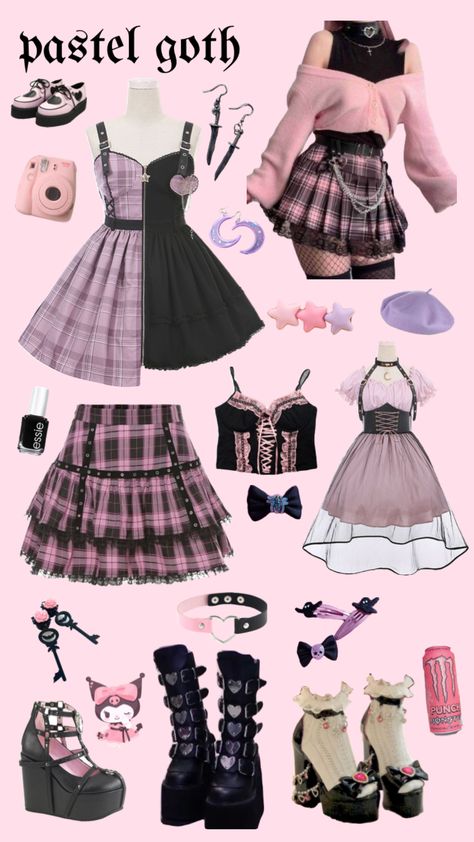 Pink Oc Outfits, Sanrio Outfit Inspired, Pastel Goth Style Outfits, Pastel Gothic Aesthetic Outfit, Pink Aesthetic Clothes Pastel Goth, Cute Goth Outfits Aesthetic, Pastel Goth Fashion Aesthetic, Cute Emo Style, Gothic Pastel Outfits