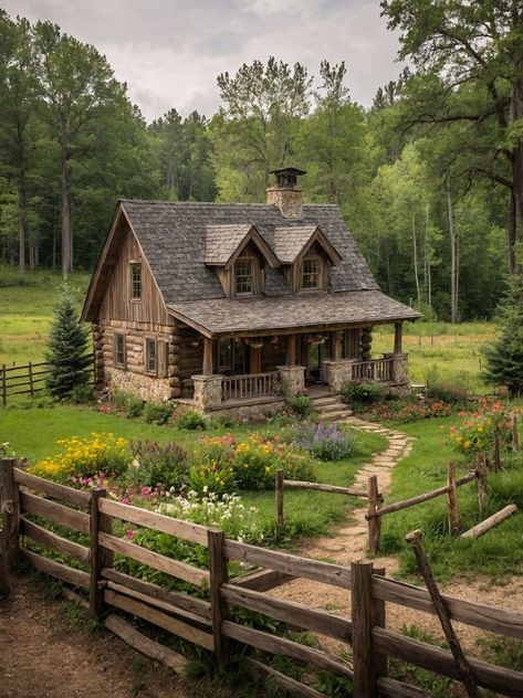 Medium Cottage House, Rustic Country Home Exterior, Log Cabin Outside, Cabin Style Home Exterior, Log Cabin Landscaping, Farm Aesthetic Country Living, Log Siding Exterior, Cozy Cottage In The Woods, Cabin Landscaping