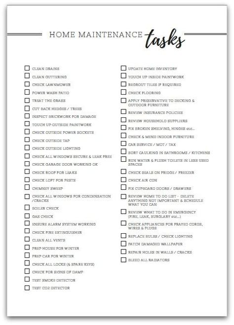 Get your home maintenance under control easily with this gorgeous black and white home maintenance task checklist. You'll get everything done around the house in no time! House Manager Checklist, Monthly House Maintenance, Monthly Home Maintenance Checklist, Cleaning Binder, House Manager, House Management, Home Maintenance Schedule, College Checklist, House Maintenance